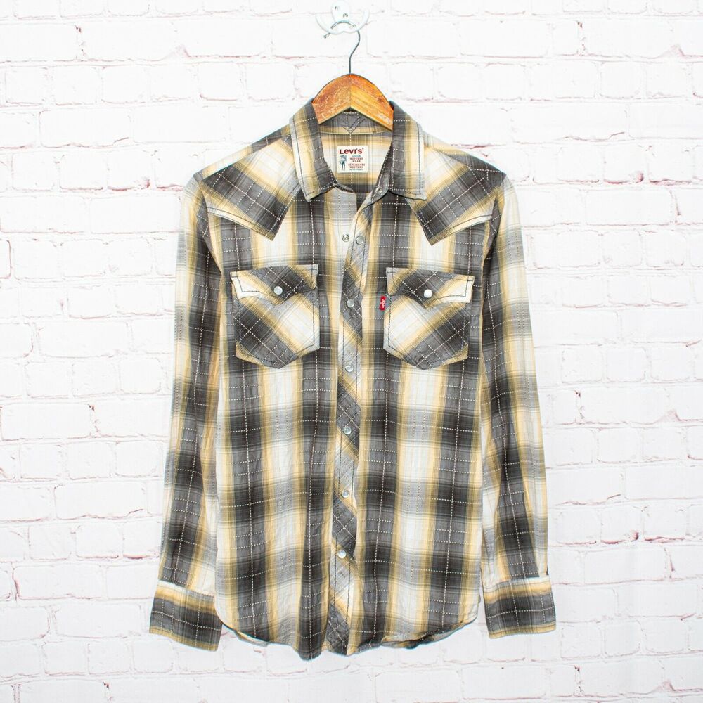 Levi's Men's Western Pearl Snap Shirt Gray Beige Plaid Size Small